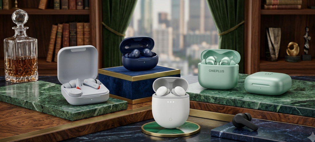 A curated selection of the best budget noise cancelling earbuds including Google Pixel Buds, OnePlus Buds, Soundcore Space, and CMF Buds displayed on luxury marble stands in a premium study setting.