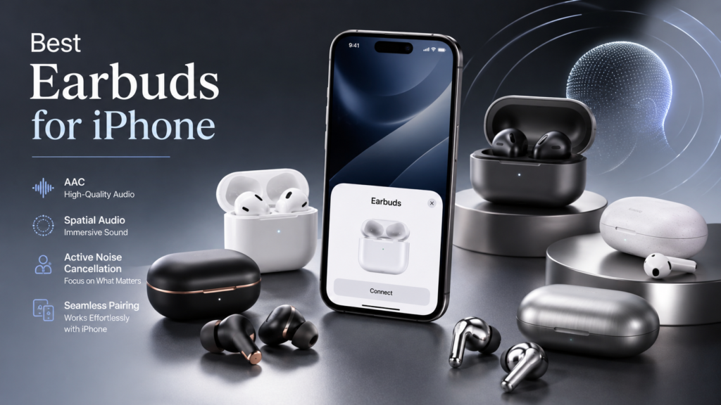 Best Earbuds for iPhone with AAC and Spatial Audio Best earbuds for iPhone displayed with an iPhone, premium wireless charging cases, AAC audio, Spatial Audio, active noise cancellation and seamless pairing.