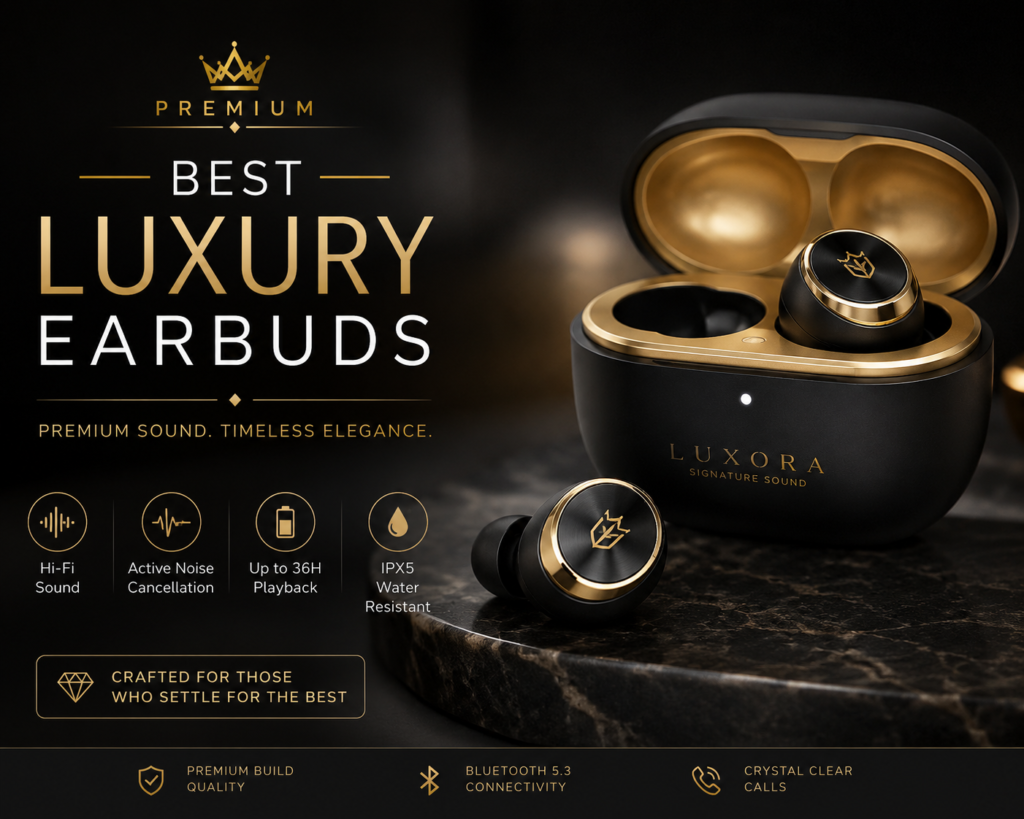 Best Luxury Earbuds for Premium Wireless Sound Best luxury earbuds in a black and gold premium wireless earbud design with charging case, highlighting high-end sound, elegant craftsmanship and luxury audio style.