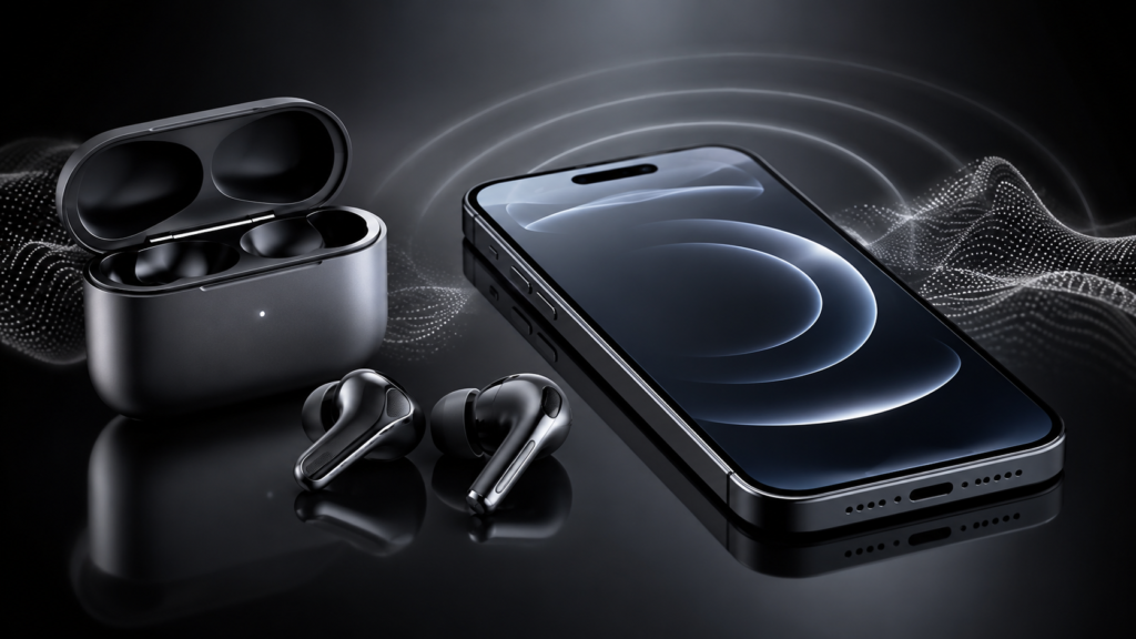 Best Quality Earbuds for iPhone with Premium Sound Best quality earbuds for iPhone displayed beside an iPhone, featuring premium sound, AAC performance, Spatial Audio and active noise cancellation.