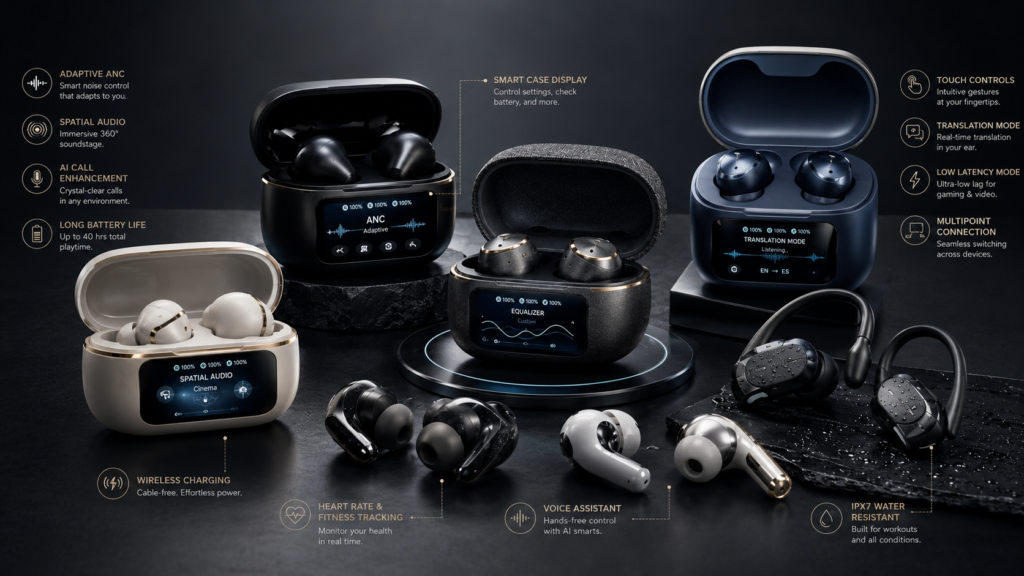 Best Wireless Earbuds with Smart Screens and Advanced Features Best wireless earbuds with luxury designs, smart charging case screens, adaptive ANC, spatial audio, translation mode and advanced features