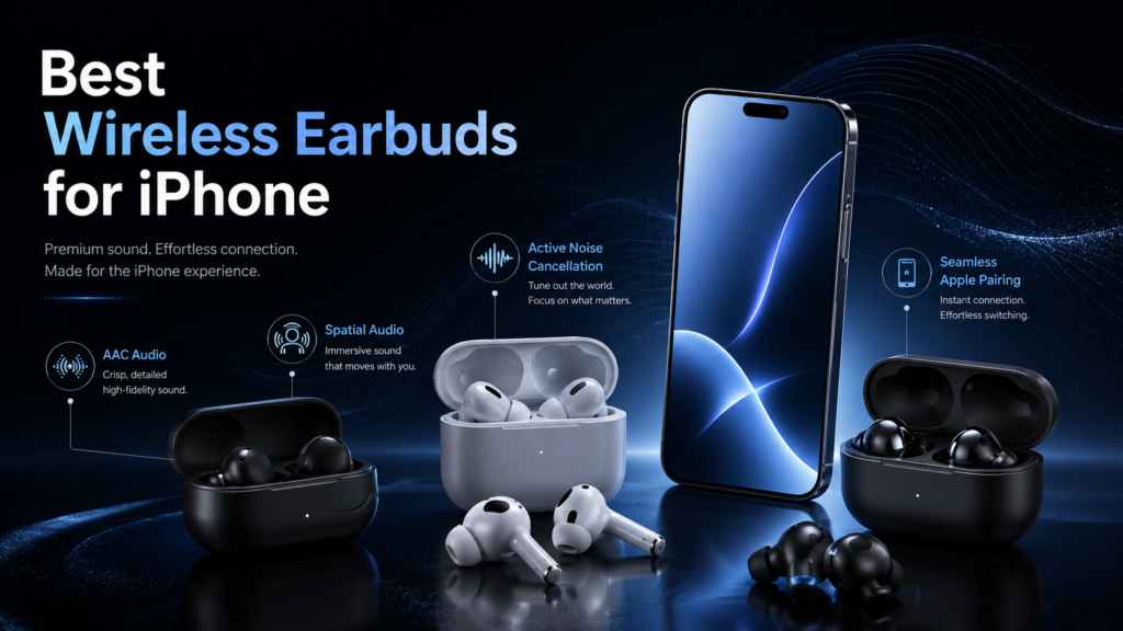 Best Wireless Earbuds for iPhone with Spatial Audio Best wireless earbuds for iPhone displayed with a modern iPhone and premium charging cases, highlighting AAC audio, Spatial Audio, ANC and seamless Apple pairing.