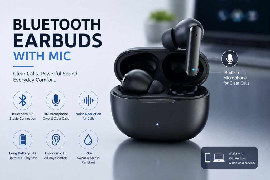 Bluetooth Earbuds With Mic for Clear Calls Bluetooth earbuds with mic featuring built-in microphones, call noise reduction, stable wireless connection, long battery life, and ergonomic fit.