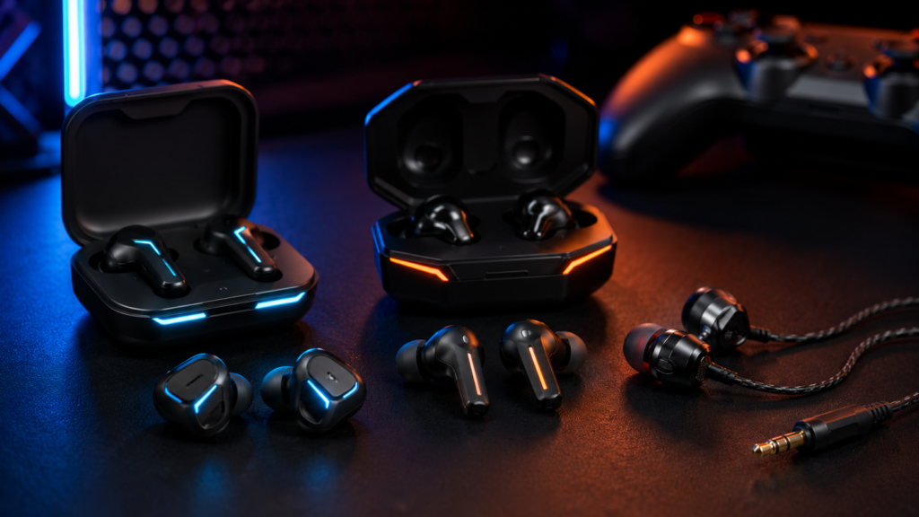 Budget Gaming Earbuds Dark Hero Image Budget gaming earbuds on a dark gaming desk with wireless charging cases, wired in-ear earbuds, neon blue-orange lighting, and a blurred game controller.
