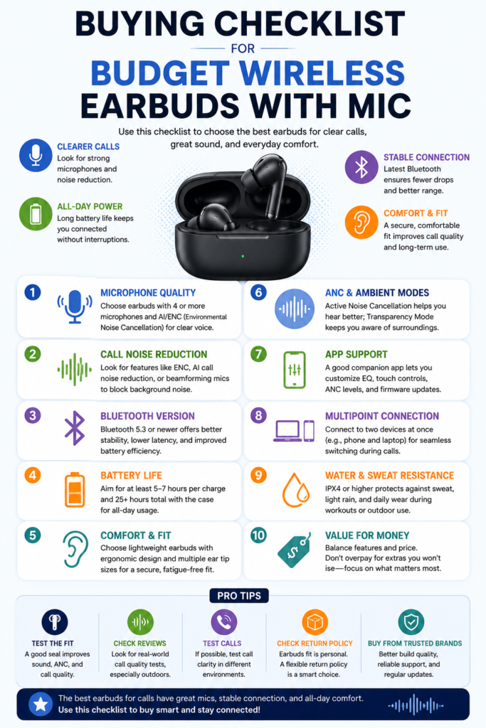 Budget Wireless Earbuds With Mic Buying Checklist Budget wireless earbuds with mic buying checklist covering microphone quality, call noise reduction, Bluetooth, battery life, comfort, ANC, multipoint, and water resistance.
