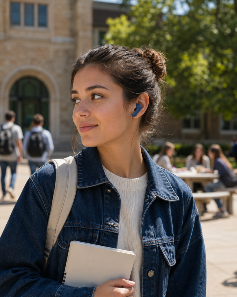 CMF Buds 2 Plus for Students and Everyday Campus Use Female university student wearing blue CMF Buds 2 Plus wireless earbuds while walking across an American college campus.