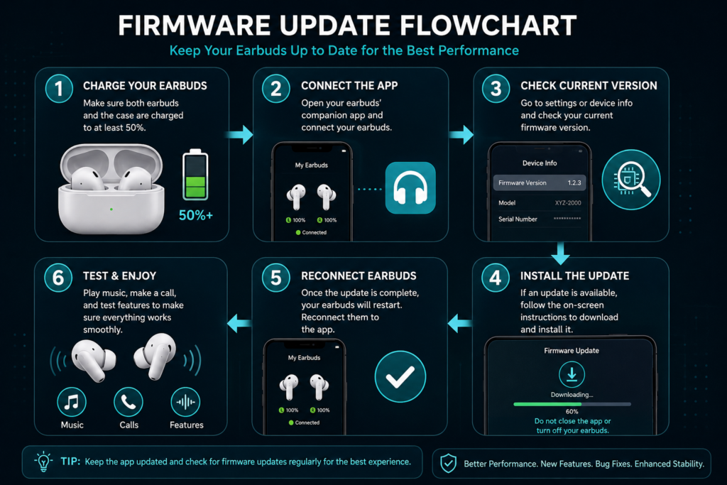 Earbuds Firmware Update Flowchart Earbuds firmware update flowchart showing how to charge earbuds, connect the companion app, check the firmware version, install the update, reconnect, and test performance.