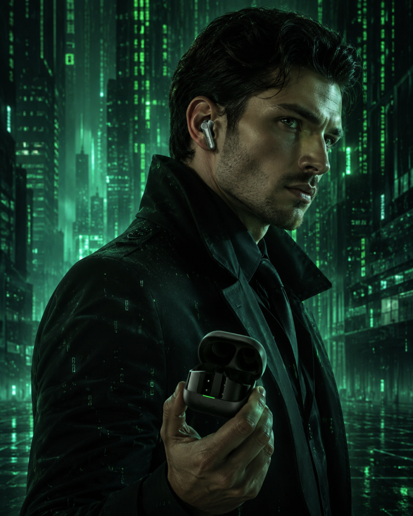 EarFun Air Pro 4 Plus in a Futuristic Digital Environment EarFun Air Pro 4 Plus worn by a futuristic agent in a green cyberpunk digital environment while holding the wireless earbud charging case.