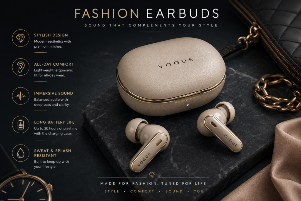 Fashion earbuds with a premium beige charging case, gold detailing, and luxury accessories displayed in a dark editorial setting.
