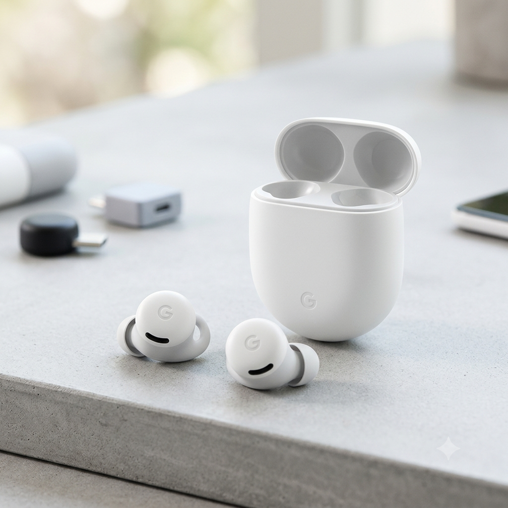 Google Pixel Buds 2a wireless earbuds in white resting next to an open charging case on a stone surface, highlighting its budget ANC design.