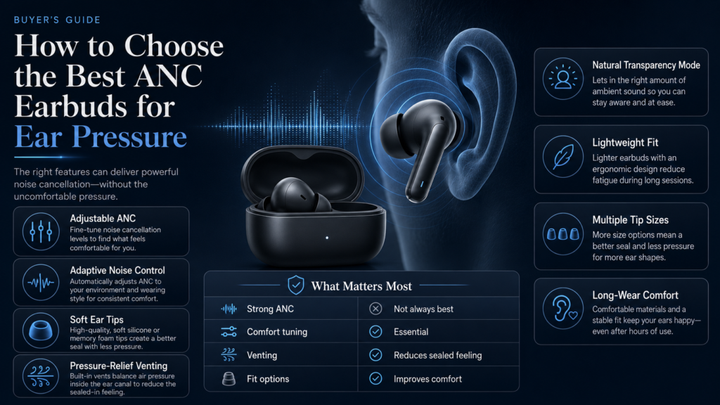 Infographic showing how to choose the best ANC earbuds for ear pressure with adjustable ANC, soft ear tips, venting, transparency mode, and long-wear comfort.