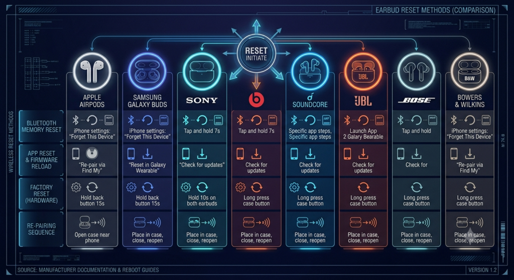 How to Reset Earbuds: Step-by-Step Comparison Guide for Top Brands A dark futuristic UI comparison chart showing how to reset earbuds across major brands including Apple AirPods, Samsung Galaxy Buds, Sony, Beats, Soundcore, JBL, Bose, and Bowers & Wilkins, organized by Bluetooth memory reset, app reset, and factory reset steps.