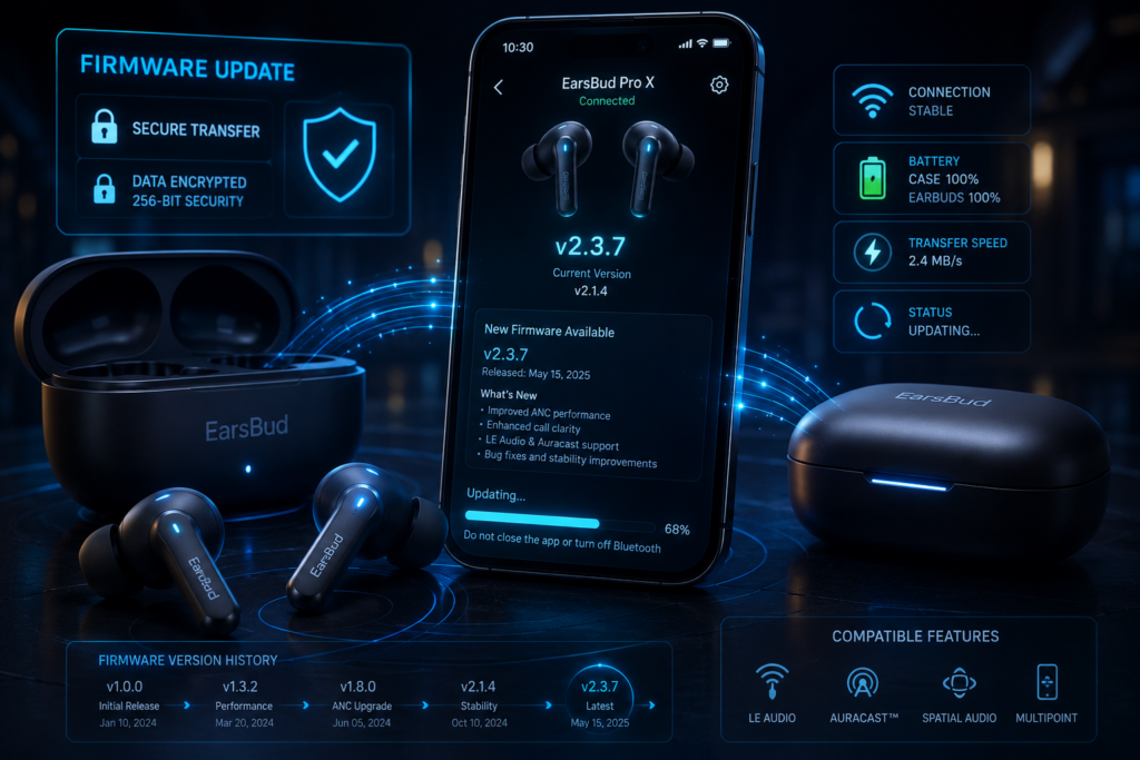 How to Update Earbuds Firmware Safely How to update earbuds firmware using a smartphone app, showing wireless earbuds, a smart charging case, update progress, version numbers, and secure Bluetooth transfer.