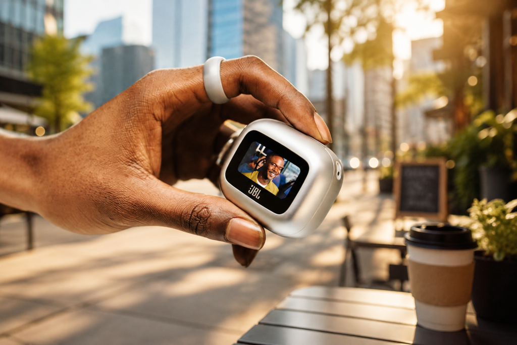 JBL Live Beam 3 smart charging case held outdoors in a sunlit modern city setting