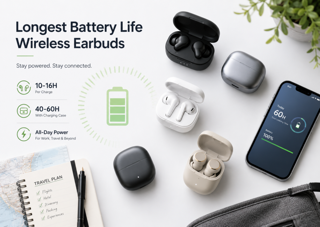 Longest battery life wireless earbuds arranged with multiple charging cases, a smartphone battery display, and travel accessories on a bright surface.