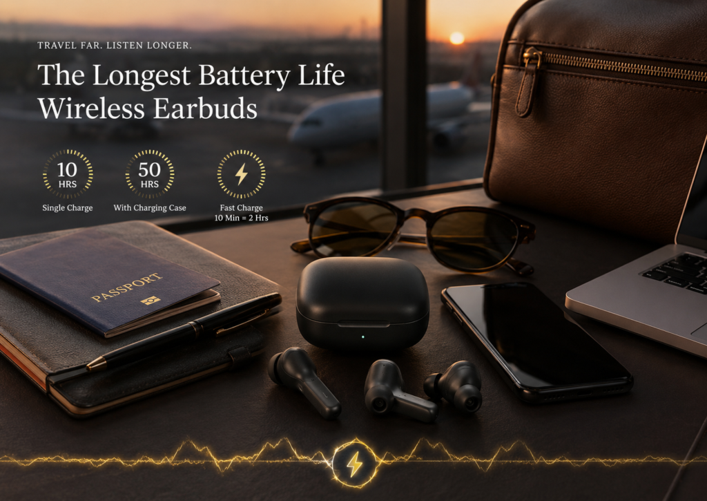 Longest battery life wireless earbuds beside a charging case, passport, laptop, smartphone, and travel accessories in a premium airport setting.