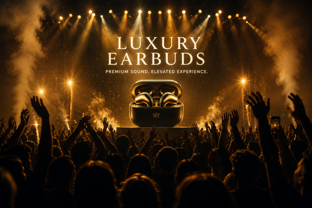 Luxury earbuds in a premium charging case displayed under golden concert lights