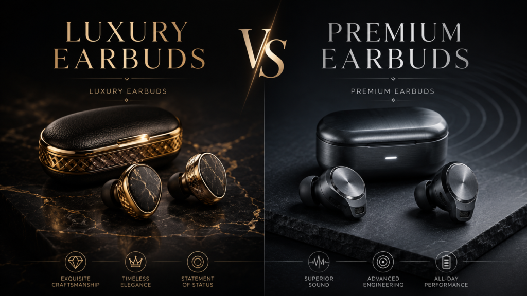 Luxury Earbuds vs Premium Earbuds: Style, Status and Performance Compared Luxury Earbuds vs Premium Earbuds dark comparison featuring elegant gold earbuds and performance-focused premium earbuds