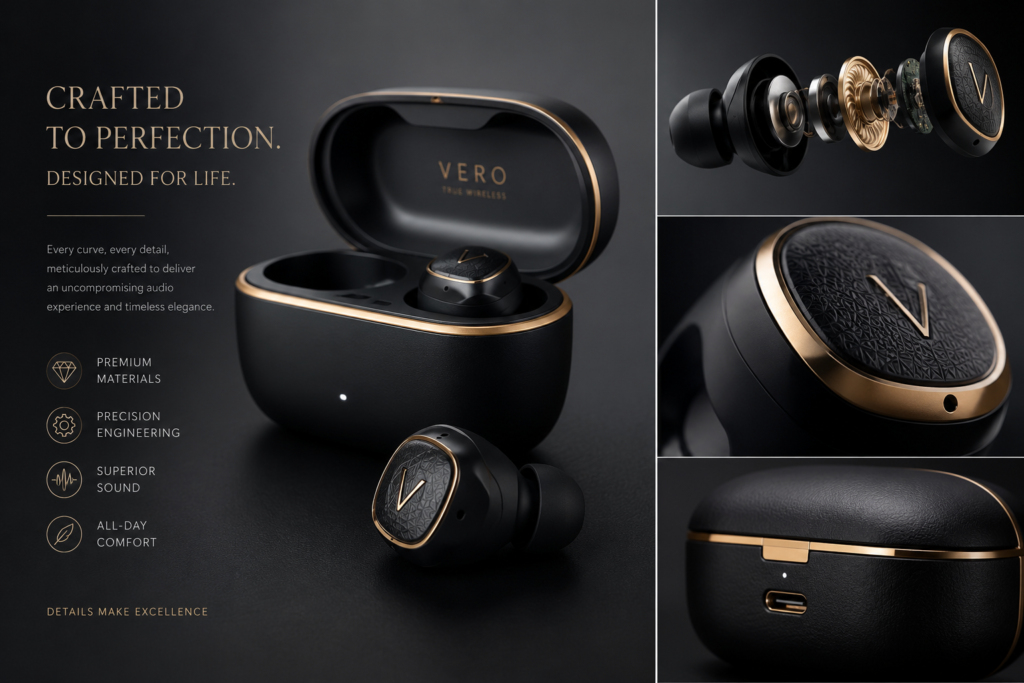 Luxury Wireless Earbuds Design & Craftsmanship Luxury wireless earbuds design and craftsmanship with black and gold premium earbuds, charging case, macro material details, and exploded-view audio engineering.