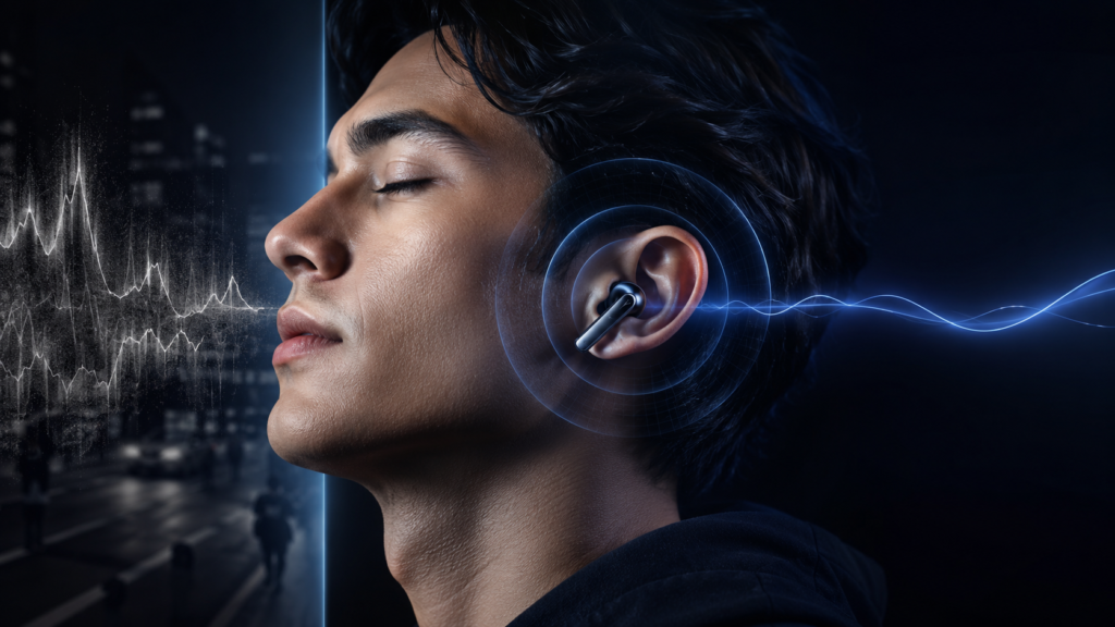 Noise cancelling earbuds ear pressure visual showing ANC sound waves, ear fatigue sensation, and cabin-like pressure around the ear.