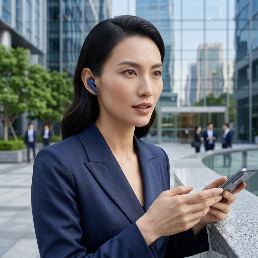 A close-up of a professional woman in a dark navy blazer wearing a blue Nothing CMF Buds 2 Plus earbud while holding a smartphone outdoors in a modern city corporate plaza.