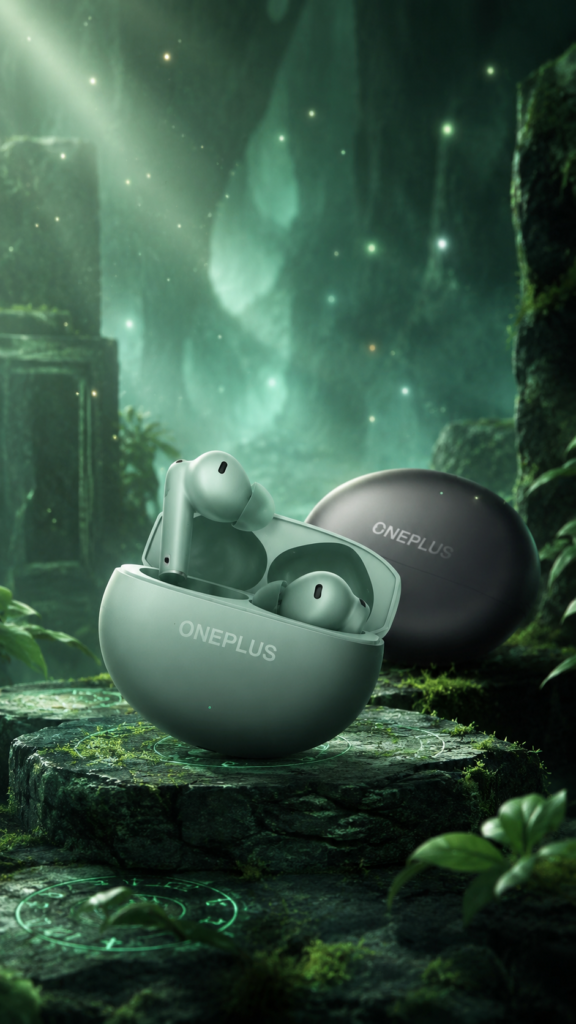OnePlus Buds 4 in a Mystical Green Environment OnePlus Buds 4 in a mysterious green mythical environment with an open charging case, glowing forest light, and enchanted stone details.