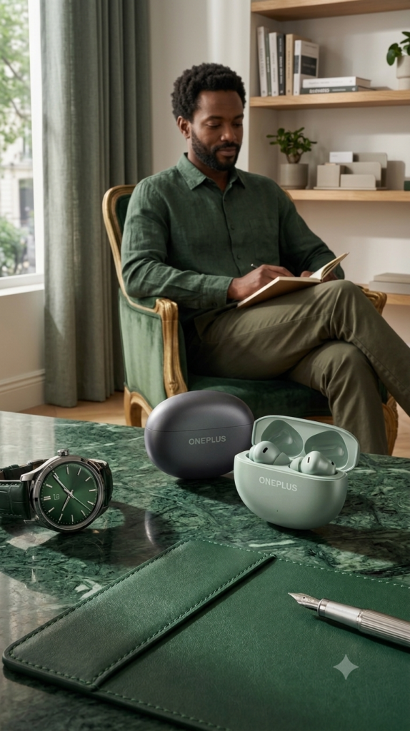 OnePlus Buds 4 wireless earbuds in light green and deep gray charging cases resting on a green marble desk with a male entrepreneur writing in a notebook in the background.