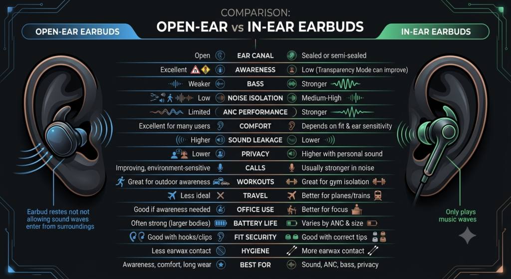  A premium dark-themed infographic comparing open-ear and in-ear earbuds across 16 categories, including ear canal fit, situational awareness, bass performance, noise isolation, ANC, comfort, sound leakage, privacy, calls, workouts, and battery life.