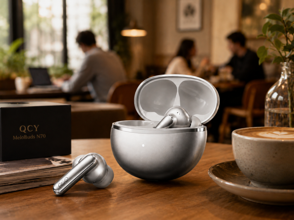 QCY MeloBuds N70 Wireless Earbuds in Casual Café Setting QCY MeloBuds N70 silver wireless earbuds with open charging case on a casual café table beside a coffee cup.