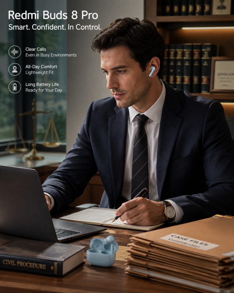 Redmi Buds 8 Pro for Professional Calls and Office Work Professional lawyer wearing Redmi Buds 8 Pro wireless earbuds while working on legal documents and a laptop in a modern law office.