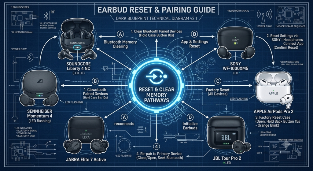 Master Reset & Pairing Blueprint for Popular Earbud Brands A dark blue technical blueprint-style poster showing reset guides for popular earbud brands including Apple AirPods Pro 2, Sony WF-1000XM5, Soundcore Liberty 4 NC, Sennheiser Momentum 4, Jabra Elite 7 Active, and JBL Tour Pro 2 arranged around a central memory clearing network.
