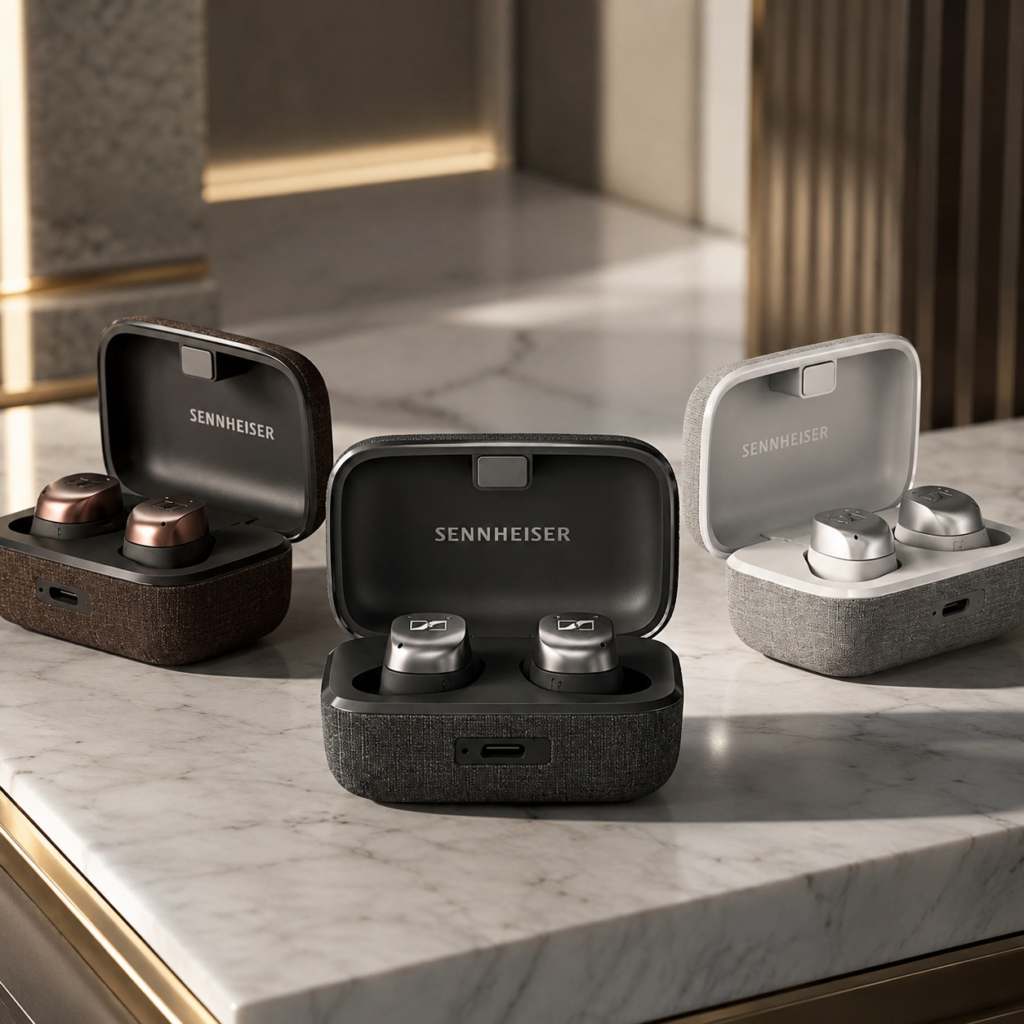 Sennheiser Momentum True Wireless 4 Earbuds in a Luxury Setting Sennheiser Momentum True Wireless 4 earbuds in black, copper and silver charging cases displayed on an elegant marble surface.