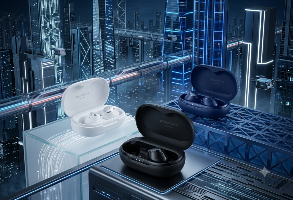 Three sets of Soundcore Space A40 wireless earbuds in white, black, and navy blue charging cases displayed in a futuristic cyberpunk city background with neon high-rises and hyperloop tubes.