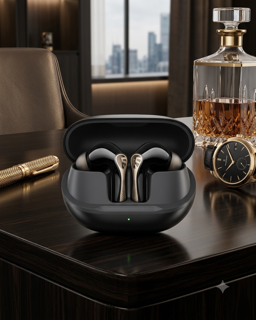 A product shot of the SoundPEATS Air5 Pro+ noise-cancelling earbuds in their open charging case, resting on a dark wood desk next to a crystal decanter and a gold watch.