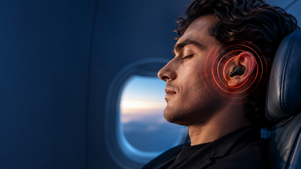 Person wearing noise cancelling earbuds on an airplane, showing ANC sound waves and ear pressure sensation, as an expression of why noise cancelling earbuds create  pressure.