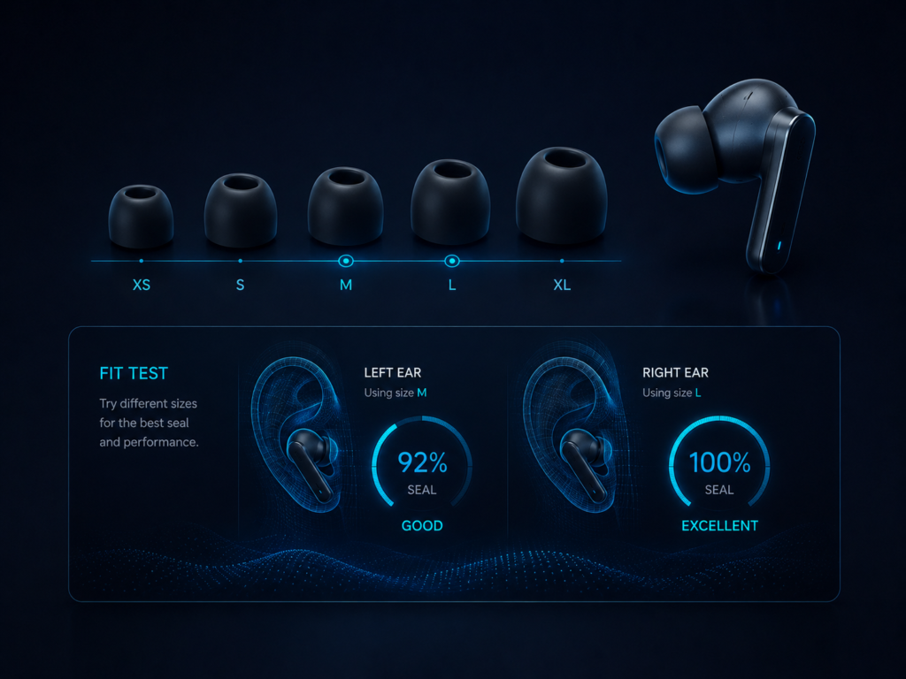 Earbud Ear-Tip Size and Acoustic Seal Fit Test Earbud ear tips in XS to XL sizes with a digital fit test showing different seal results for the left and right ears.
