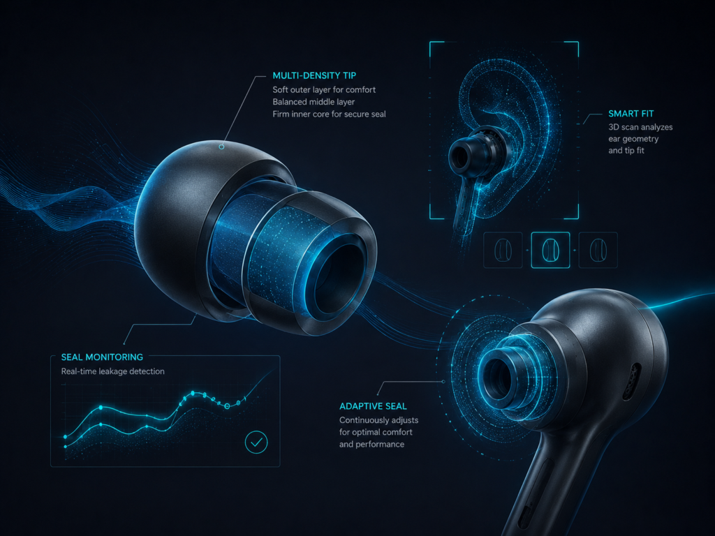 Future Smart Ear-Tip and Adaptive Seal Technology Future earbud ear-tip technology featuring multi-density materials, smart fit scanning, adaptive seals and real-time leakage monitoring.