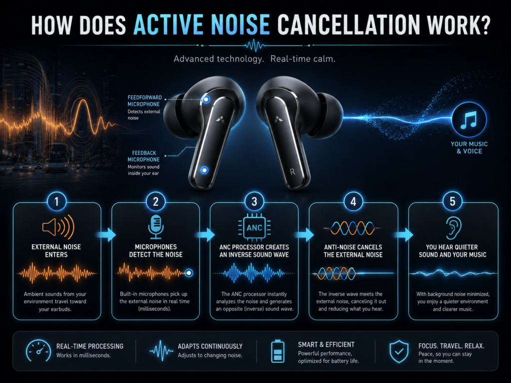How does active noise cancellation work infographic showing earbud microphones, inverse sound waves, and external noise cancellation
