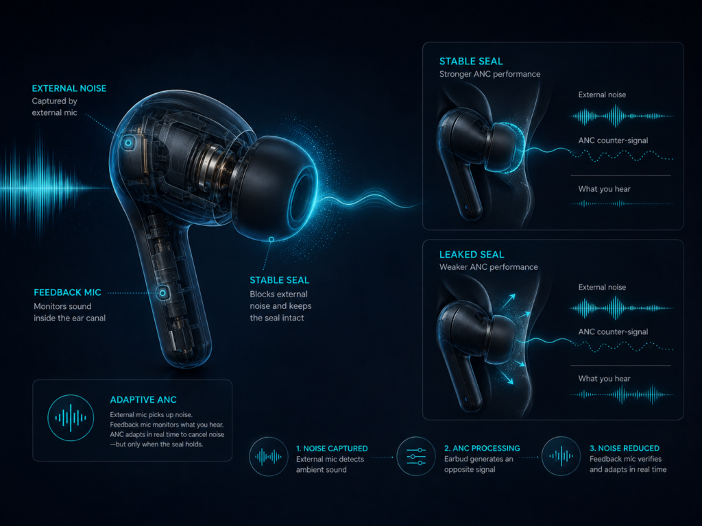 How Ear-Tip Fit Affects Active Noise Cancellation Stable and leaking earbud seals compared to show how ear-tip fit affects active noise cancellation performance.