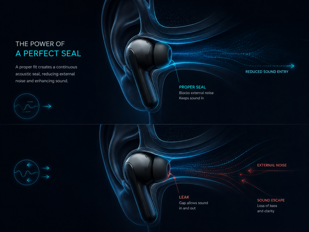 Proper Earbud Seal vs Leaking Ear Tip Proper earbud seal compared with a leaking ear tip that allows external noise to enter and bass to escape.