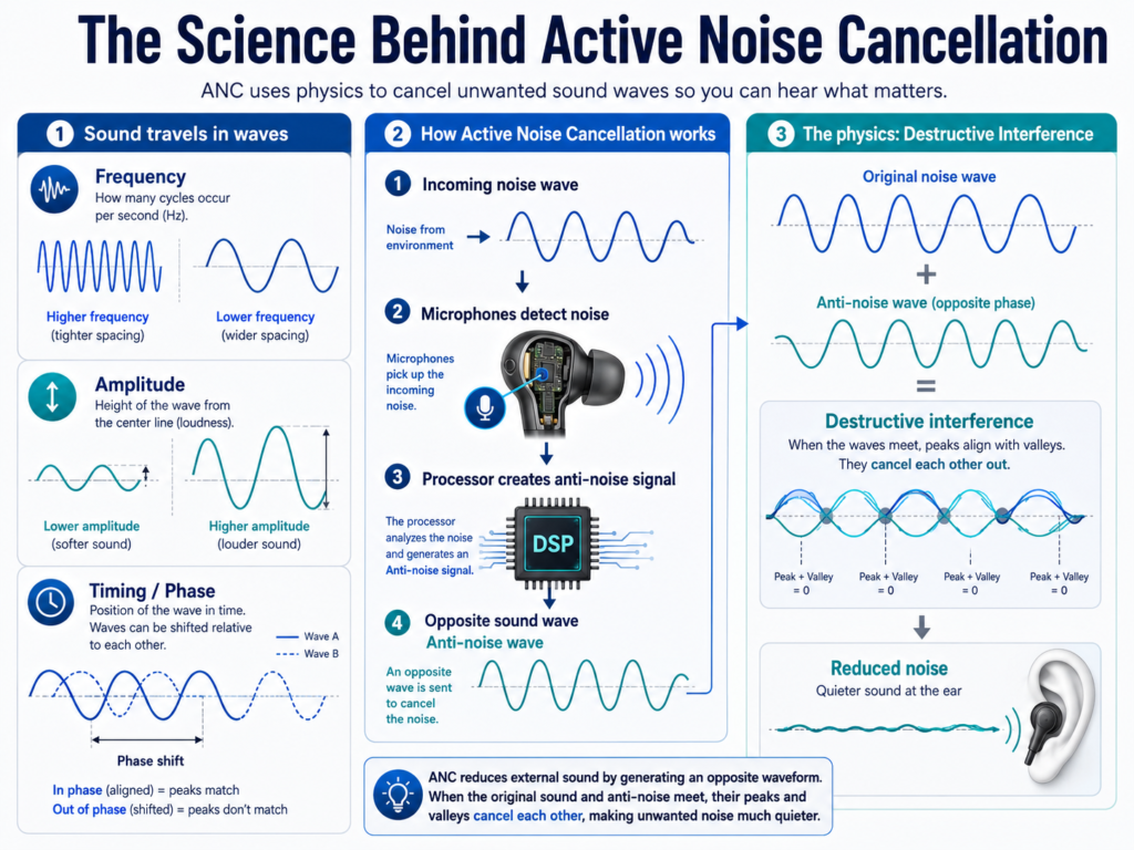 Science behind active noise cancellation infographic showing frequency, amplitude, phase, ANC microphones, DSP processing, anti-noise waves and destructive interference.