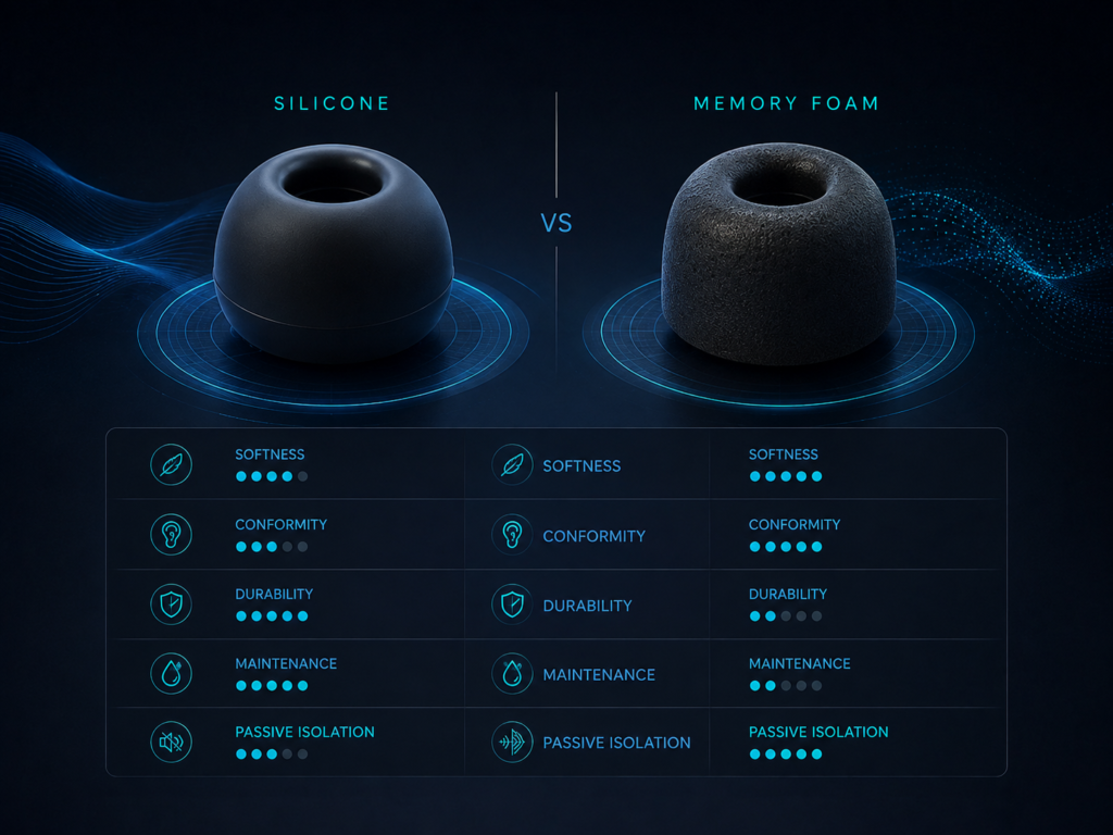 Silicone vs Memory Foam Ear Tips for Noise Isolation Silicone vs memory foam ear tips compared for comfort, conformity, durability, maintenance and passive noise isolation.