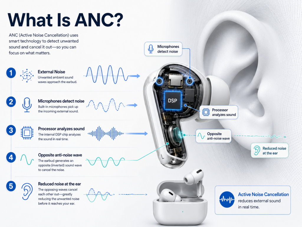 What is ANC infographic showing how earbud microphones detect external noise, a DSP creates an anti-noise wave, and active noise cancellation reduces sound at the ear.