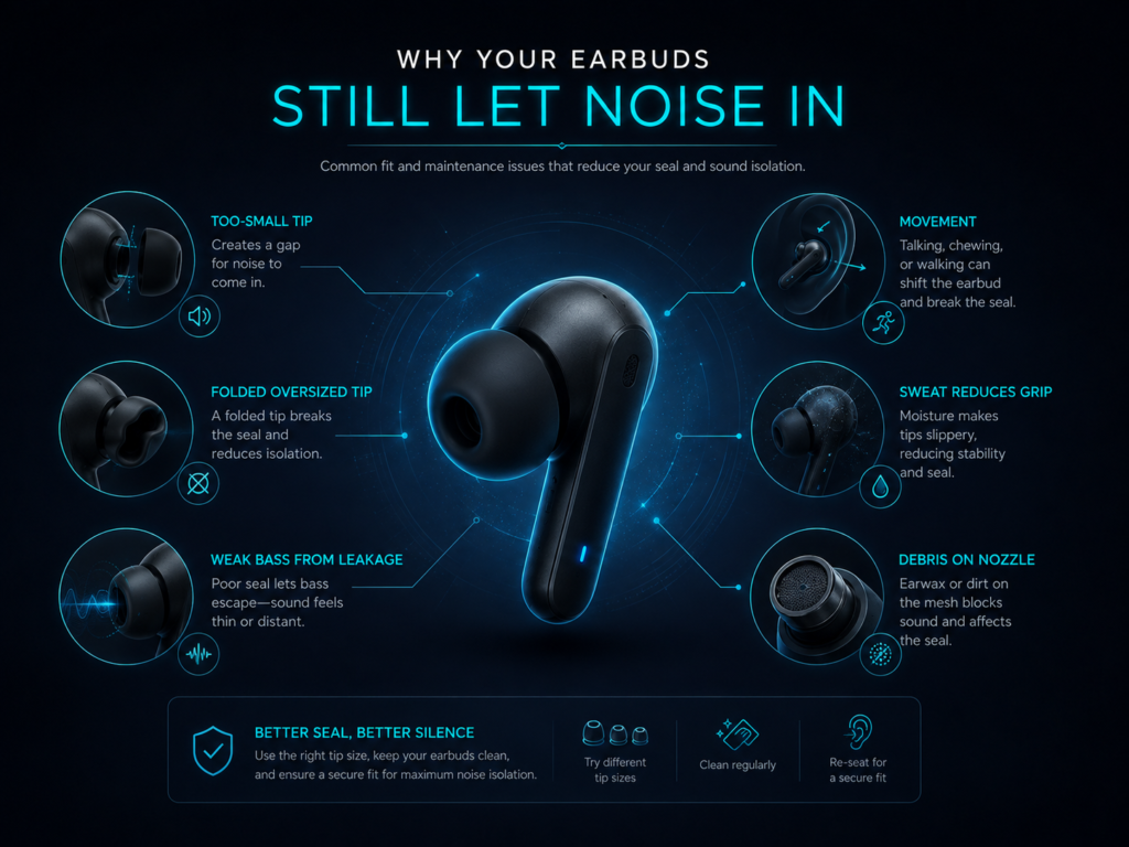 Why Earbuds Still Let External Noise In Common causes of weak earbud noise isolation including small tips, folded tips, movement, sweat, leakage and nozzle debris.