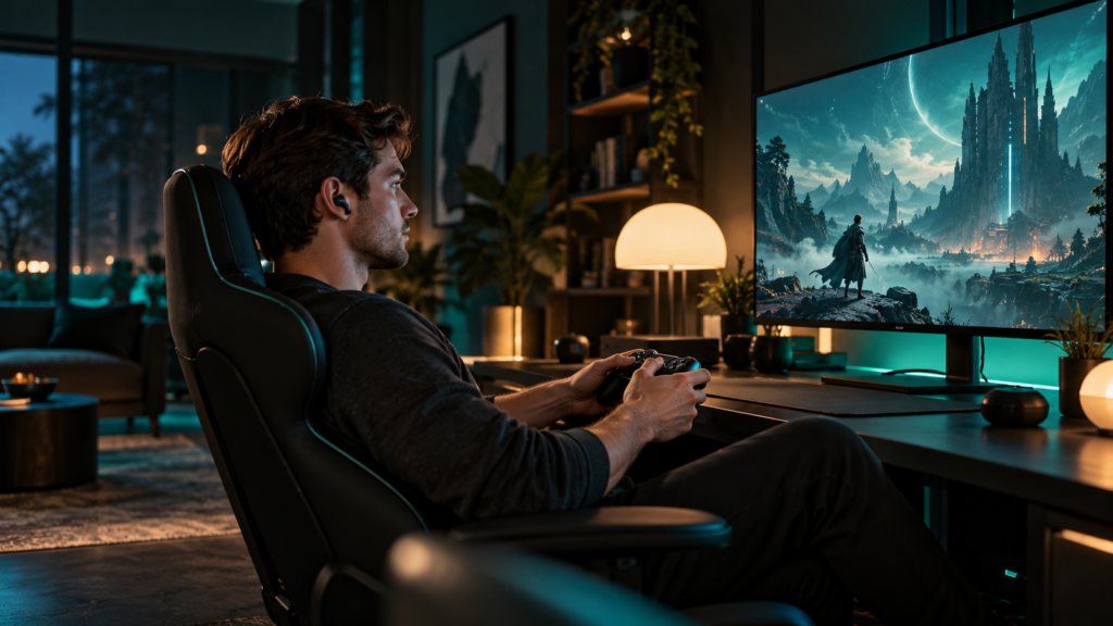 Gamer wearing charcoal wireless earbuds and holding a controller beside a large monitor.