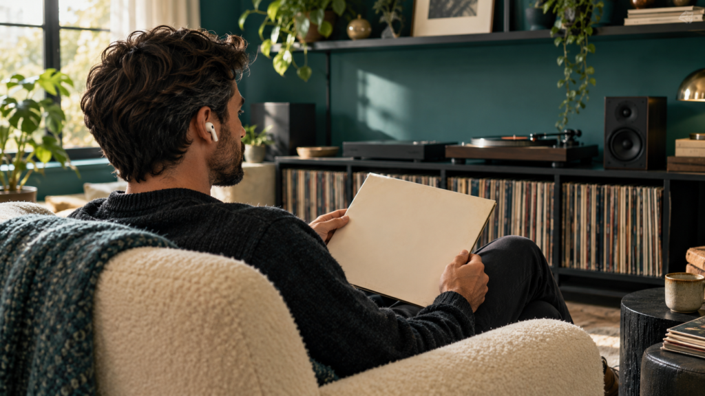 Man wearing ivory wireless earbuds while holding a record sleeve beside a vinyl collection.