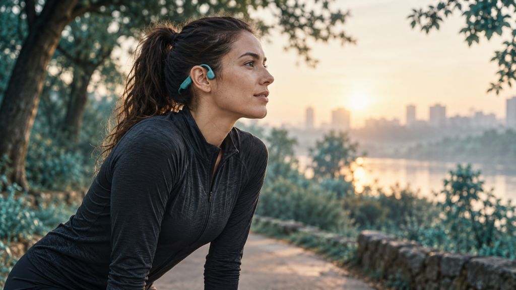 Runner wearing teal ear-hook audio devices while paused on a park path at sunrise.