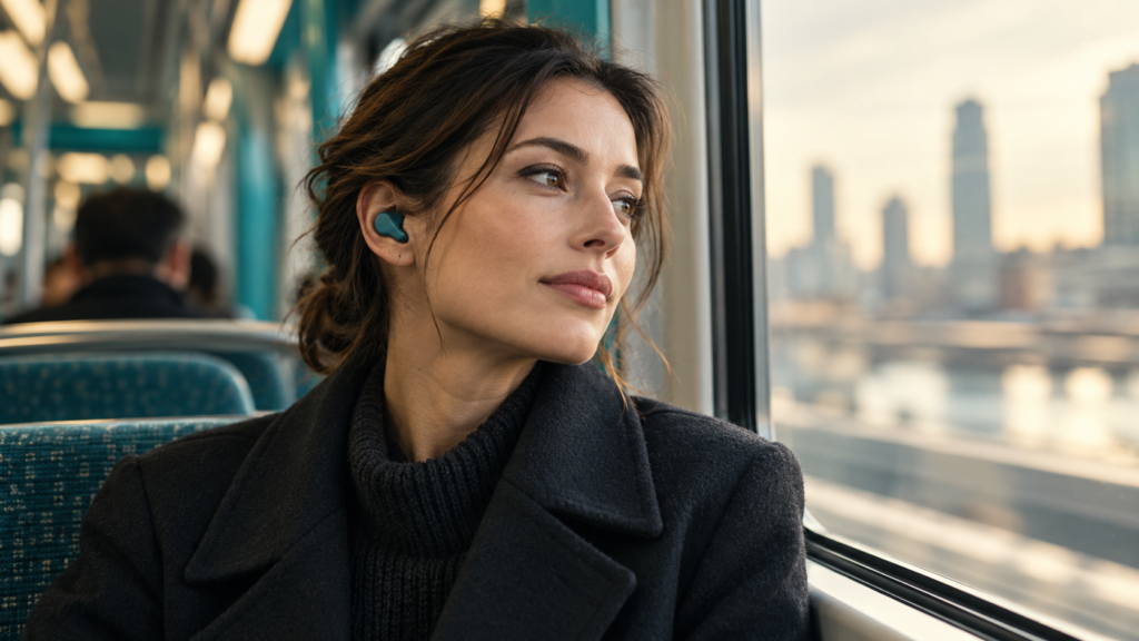 Woman wearing teal wireless earbuds while sitting beside a commuter train window.
Title: Earbuds Reviews for Commuting and Noise Control