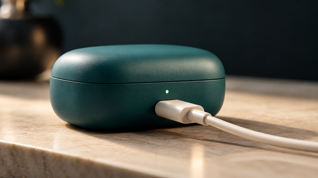 Teal earbud charging case connected to an ivory USB-C cable with its indicator illuminated.