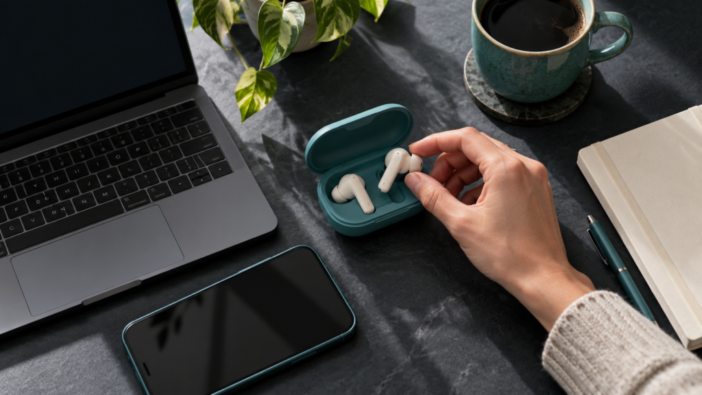 Hand lifting an ivory wireless earbud from a teal case beside a laptop and smartphone.